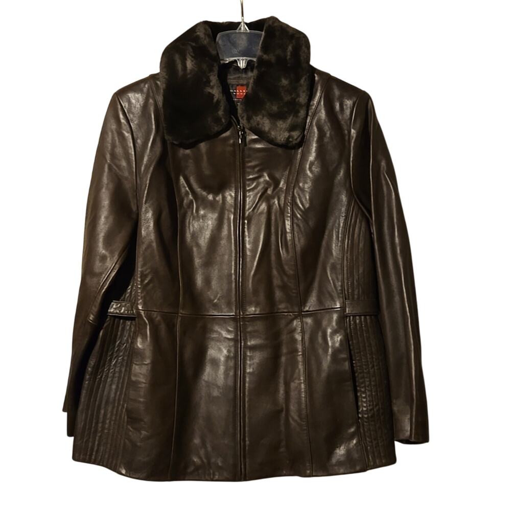 NWT Gallery 1X Premium Brown Genuine Leather Coat with Lush Faux Fur Collar